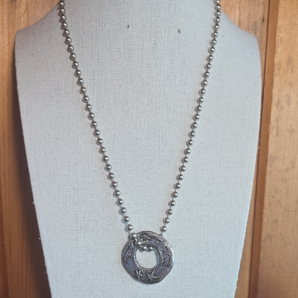 Silver Tone Bead Chain With Tribal Scene Circle Pendant